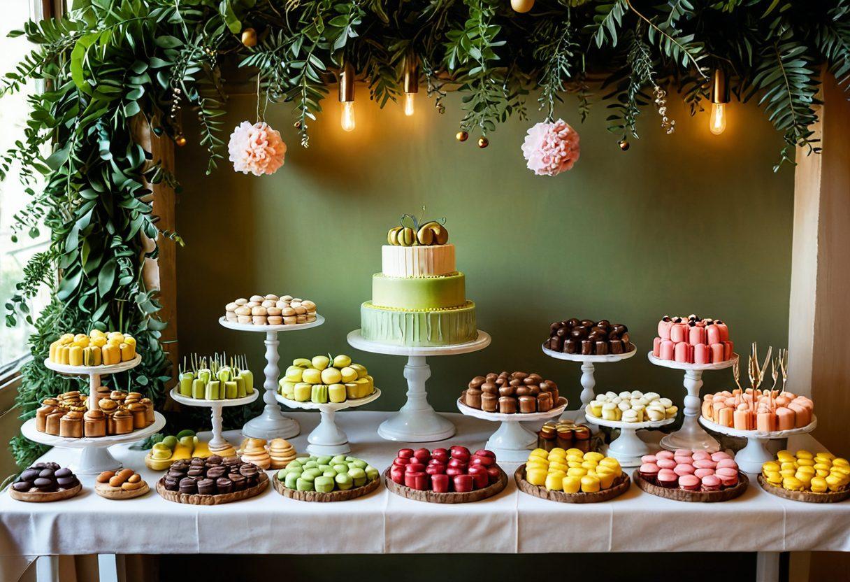 A beautifully arranged table featuring an array of decadent pudim desserts in various colors and flavors, surrounded by lush green foliage. Ensure the glaze on the pudim shines enticingly under soft lighting, and include delicate sweet treats like macarons and chocolate truffles elegantly placed beside them. Add a warm, inviting background of a cozy kitchen with rustic elements. Create a feeling of indulgence and sweetness that draws the viewer in. vibrant colors. super-realistic. warm ambiance.