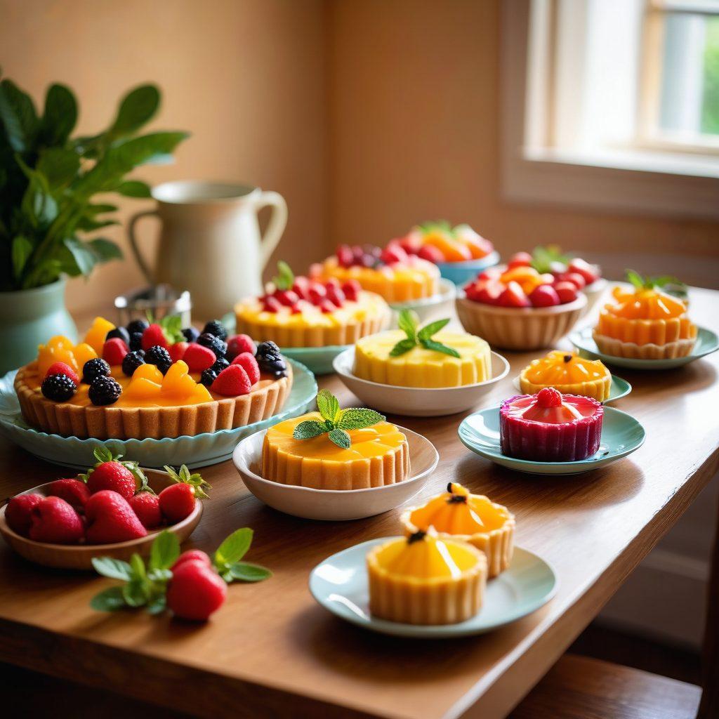 A beautifully arranged table featuring an array of colorful pudim in various shapes and sizes, each decorated with fresh fruits and mint leaves. Soft lighting creates a warm and inviting atmosphere, with a subtle focus on a creamy caramel pudim in the center, showcasing its glossy texture. The background includes a few softly blurred kitchen utensils, hinting at the homemade aspect. Artistic touch with a slight bokeh effect. super-realistic. vibrant colors.